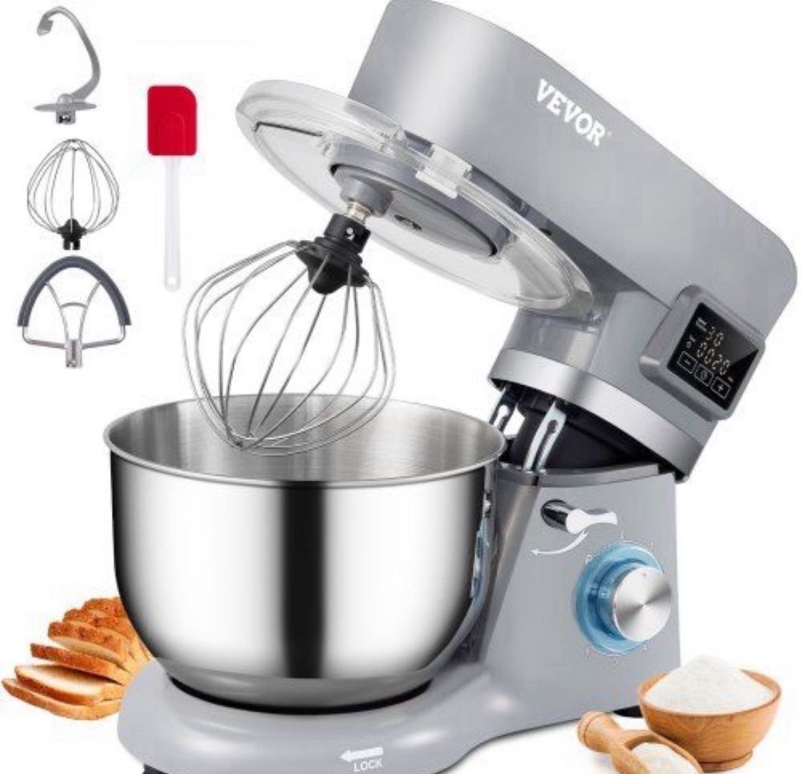 VEVOR Stand Mixer, 660W Electric Dough Mixer with 6 Speeds LCD Screen Timing, Tilt-Head Food Mixer with 5.8 Qt Stainless Steel Bowl, Dough Hook, Flat