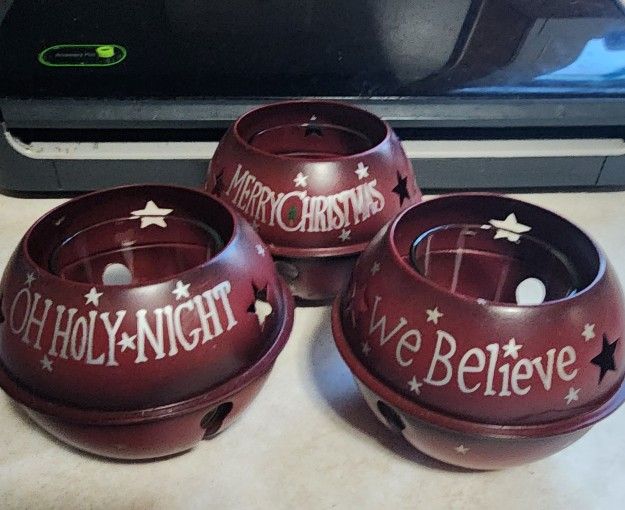 CHRISTMAS SLEIGH BELL VOTIVE CANDLE HOLDERS TRIO