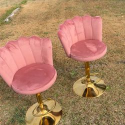 2 Pink Velvet Swivel Barstools 