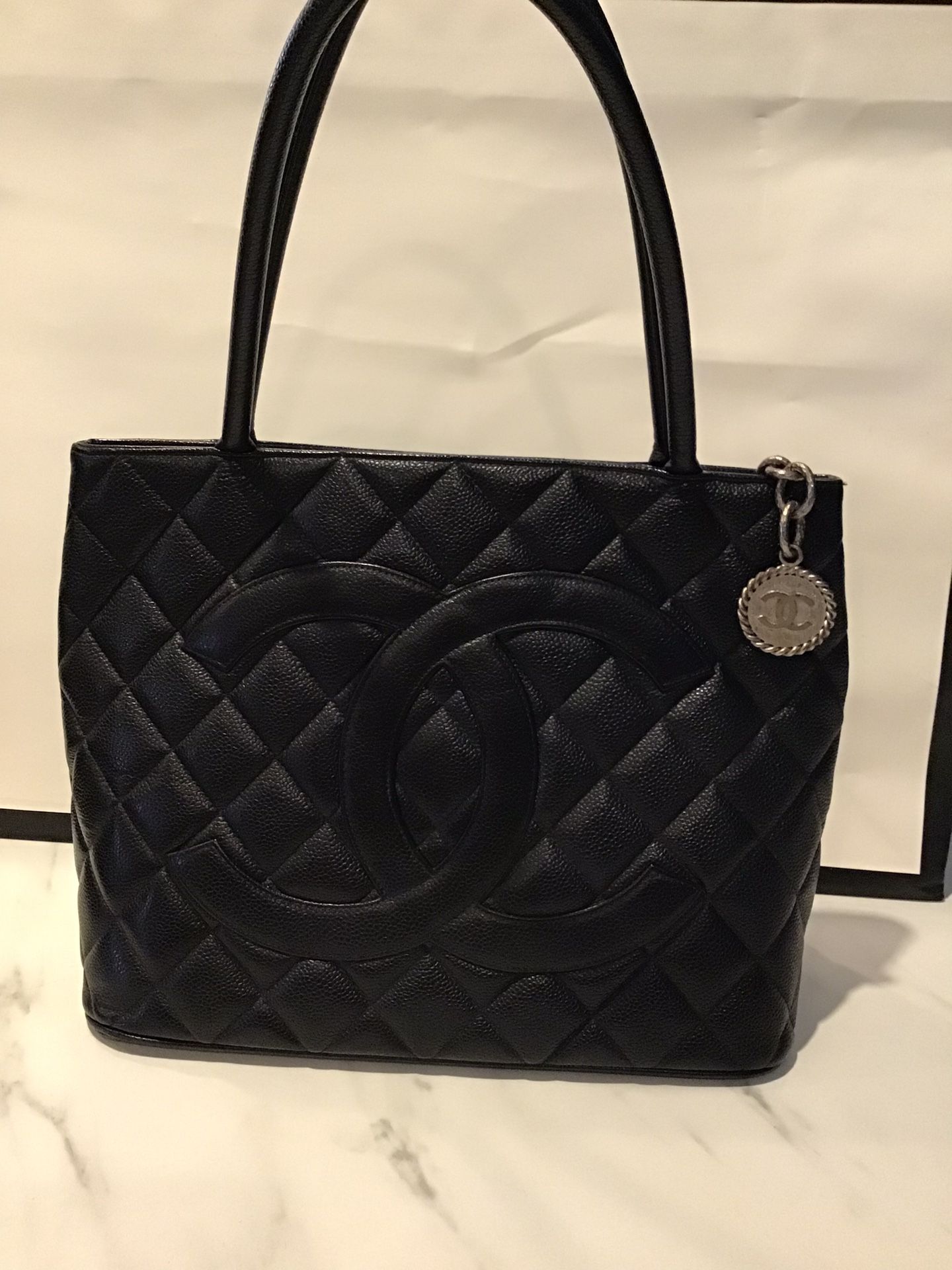 CHANEL Medallion Shoulder Bag Medium Black Leather Caviar Tote Quilted