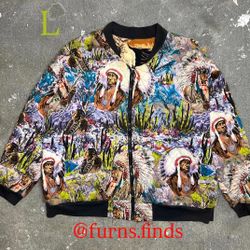 1990 Native American/Animal All-Over Print Reversible Bomber Jacket 