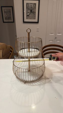 Crate & Barrel Cora Copper 2-Tier Fruit Basket with Real Marble (Discontinued)