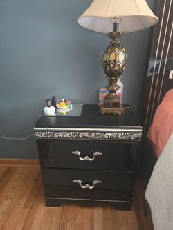 Black Nightstand with Silver Scroll Detail