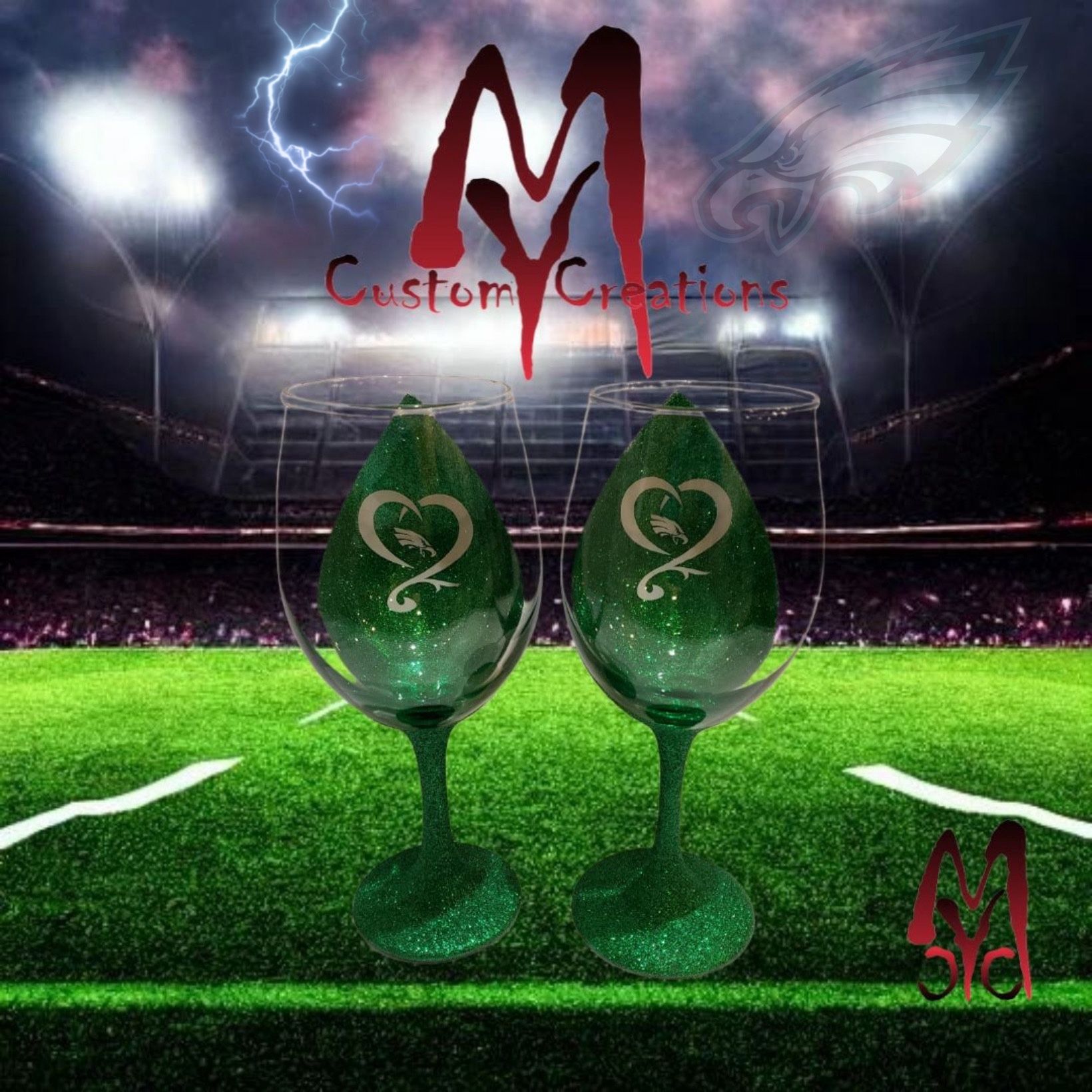 Philadelphia Eagles Custom Green Glitter Wine Glass Set Of 2