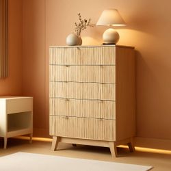 31.5" Tall Fluted 6-Drawer Dresser – Natural Oak, Fully Assembled