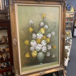Large Vintage Yellow Floral Still Life Canvas Signed Painting 