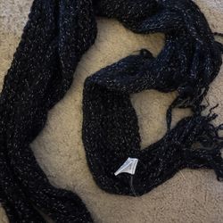Black Metallic Knit Scarf with Fringe Trim