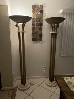 Vintage Neoclassical Style Triple Lion Heads Torchiere Floor Lamps - a Pair