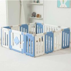Baby Play Pen - 14 Panels Extra Large Foldable Playpen for Toddlers, UFO Portable Fence, Gate, Yard - Blue