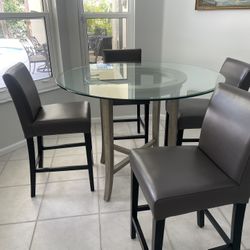 Crate and Barrel glass High Top Dinning Table With 4 Crate And Barrel Leather Chairs 