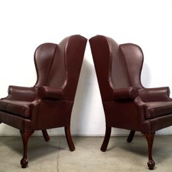 Pair Of 1970’s Chippendale Leather Wingback Chairs 