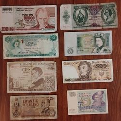Lot Of 8 Foreign International Bills : UK, Hungary, Bahamas,Turkey, Poland, Austria , Sweden &Spain Currency Banknotes