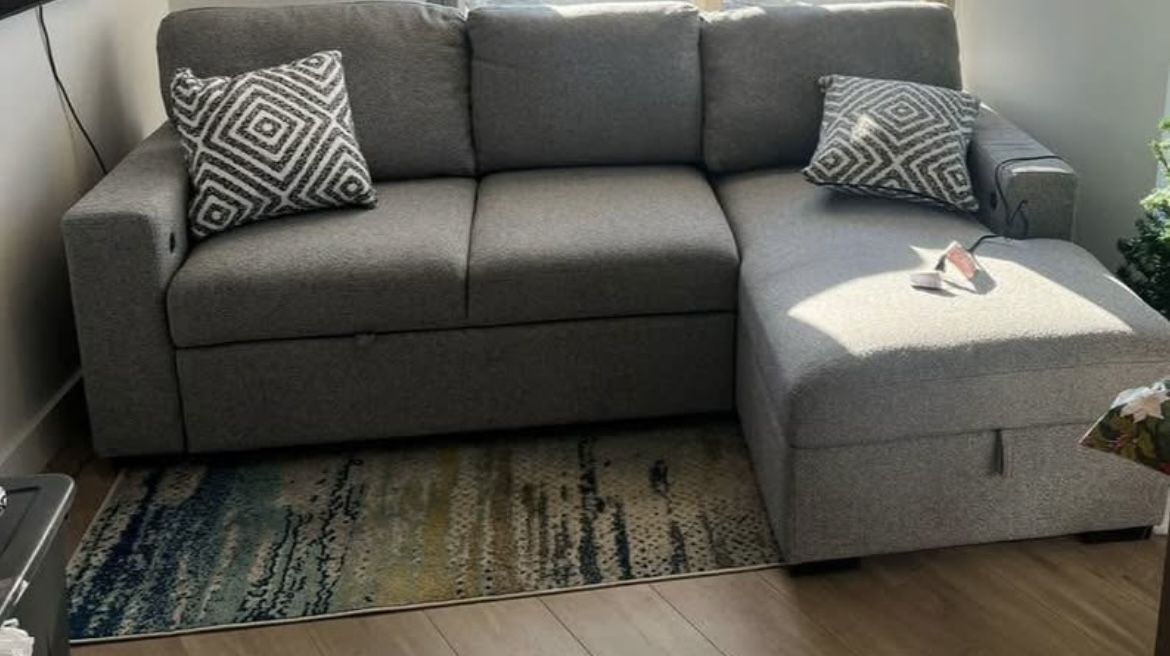 Gray 93" 2 Piece Right Arm Facing Pop-Up Sleeper Chaise Sectional with USB & USB-C Ports