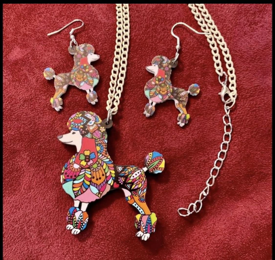 Poodle Necklace Earrings Set 
