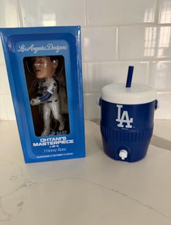 Shohei Ohtani bobble head and Dodgers cooler cup. New
