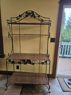 bakers Rack - Tuscan style with grape vine and grapes, rod iron with whicker shelves.
