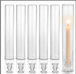 CHILL RECIPE Hurricane Glass Candle Holders-Set Of 6 Tall Taper Candle Holder With 12” Tall Clear Cylinder Covers For Wedding Table Centerpiece Home D