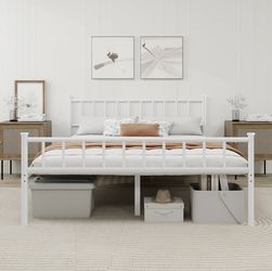 NEW - Metal Platform Full Size Bed Frame with Headboard - No Box Spring Needed - Easy Assembly-White