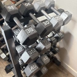 Set Of Cast Iron Hex Dumbbells 15s To 45s  Total : 420 lbs (NO RACK INCLUDED)