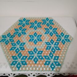 2 Vintage Large Hand Made Turquoise Beaded Doilies