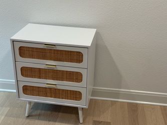 White 3-Drawer Nightstand with Rattan Panels