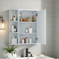 White Bathroom Medicine Cabinet with HD Mirror,Half-Moon Front Bathroom Wall Cabinet with Open & Adjustable Shelves,Sliver Knobs,Painted,for Over Sink