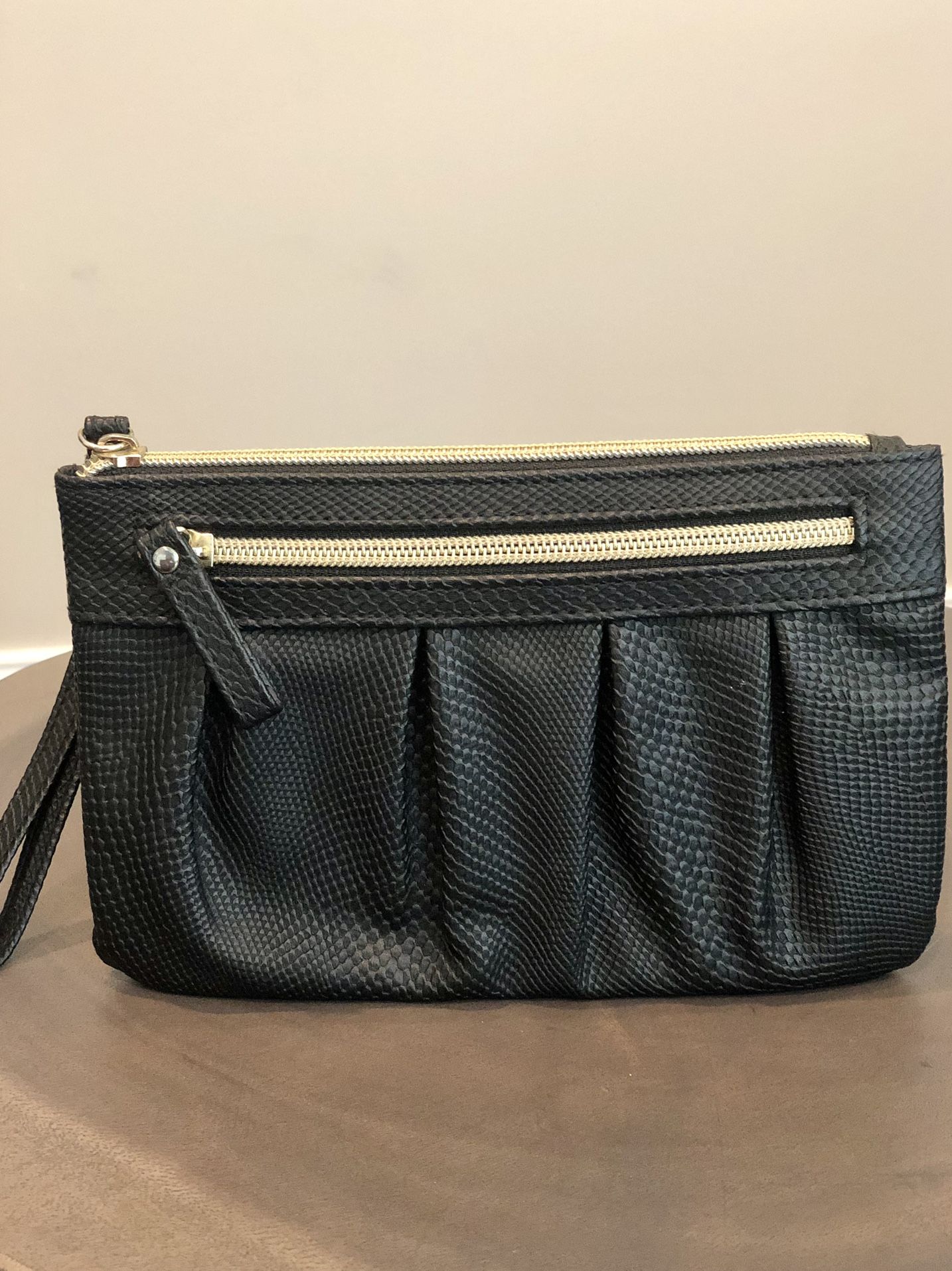 Black Faux Leather Wristlet with Gold Zippers