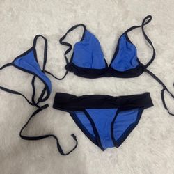 New small blue black festival y2k bikini rave swimsuit scrunch outfit sporty set 3 piece set low rise scrunch bottom. No size tag. Piece was made in e