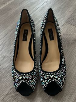 Melrose Black Suede Peep Toe Heels Iridescent Rhinestone Size 40 Runs Small