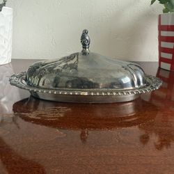 Vintage Silverplate Covered Butter Dish with Glass Insert - Ornate Handle - Antique Tableware