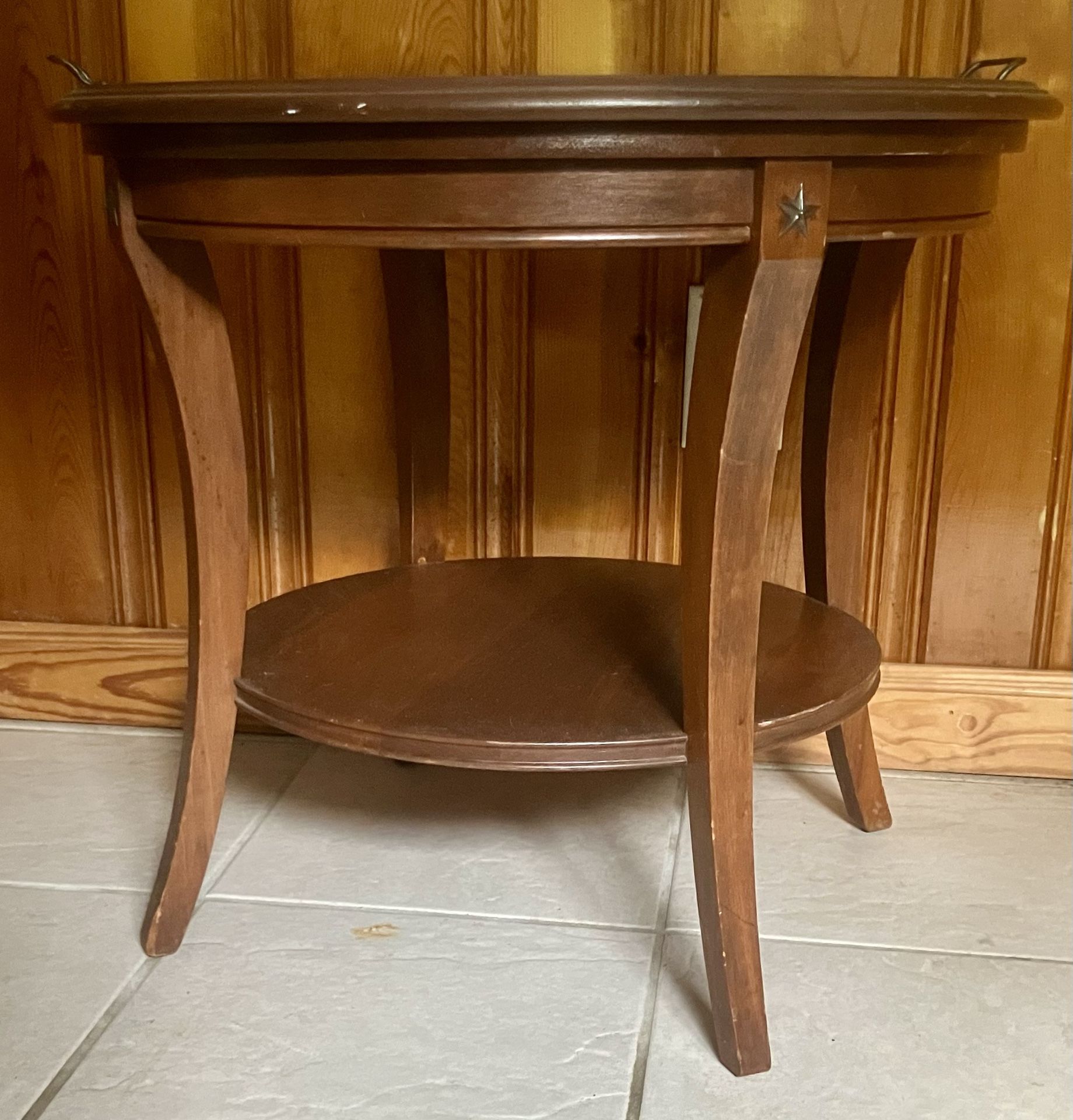 Antique Solid Wooden Table w/ Removable Glass Serving Tray Top & Bottom Shelf