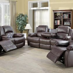 Brown Leather Fully Reclining Three Piece Couch Set