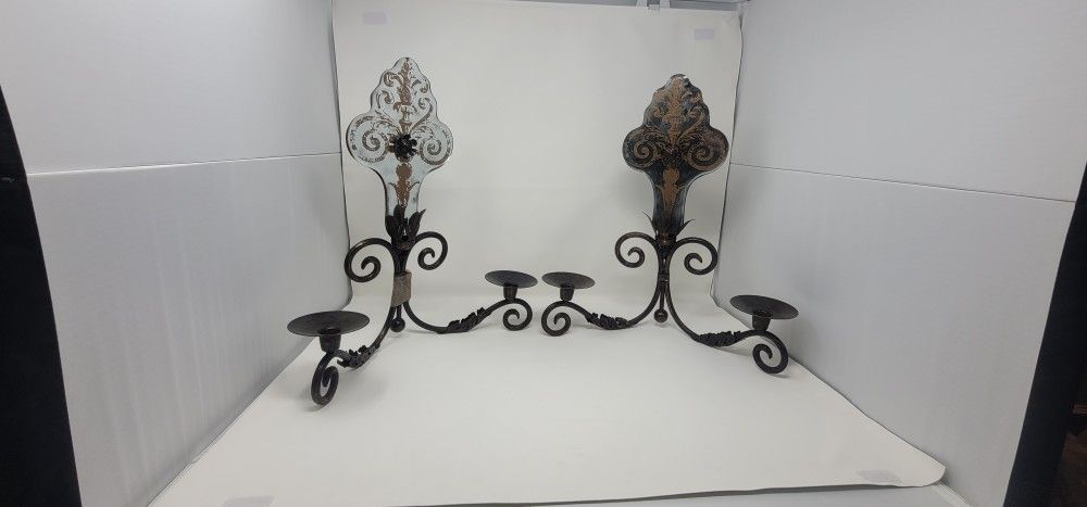 Large Ornate Black Wrought Iron Two Arm Gothic Taper Candle Holder Wall Sconce w/ Vintage style Mirror