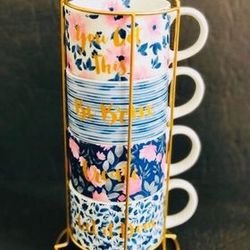 Pier 1 Bright Floral Sentiment Stacking Mug Set NEVER USED 