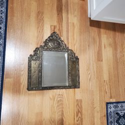 Antique Brass Beveled Mirror W 2 Hooks 