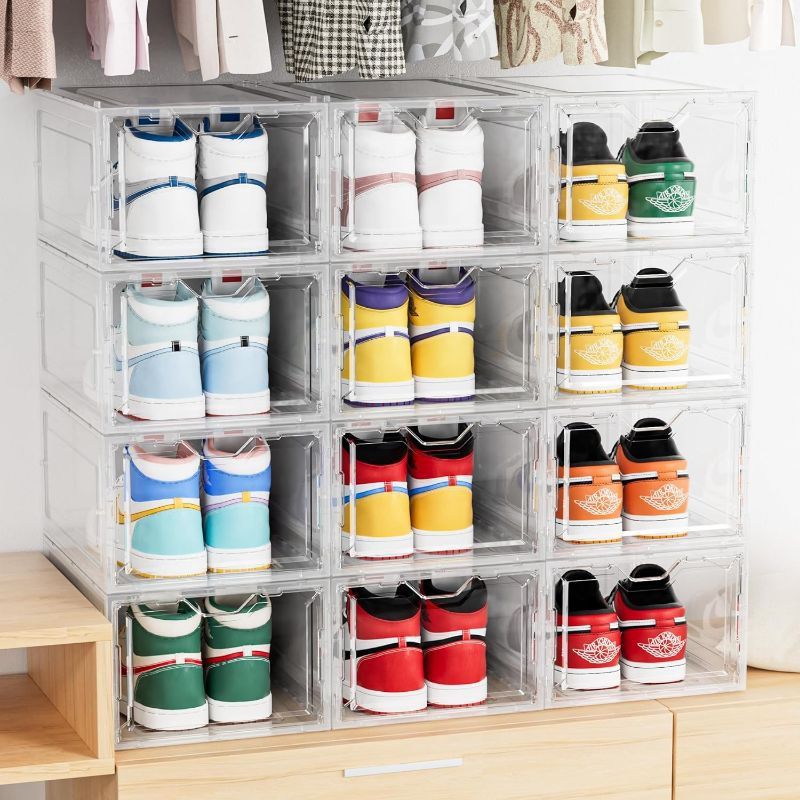 8909 Delamu Large & Sturdy Clear Shoe Storage Organizer, Stackable Shoe Storage Boxes For Closet, Foldable Space-Saving Storage Bins For Sneaker Boot