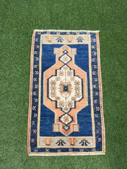 Vintage Blue Turkish Rug , Hand Knotted Anatolian Carpet, Blue Ivory Geometric Oushak Rug, Traditional Wool  Runner,Home Decor 1.9x3.1