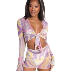 BLUE Tie Front Tie-dye Festival Rave Set Large 