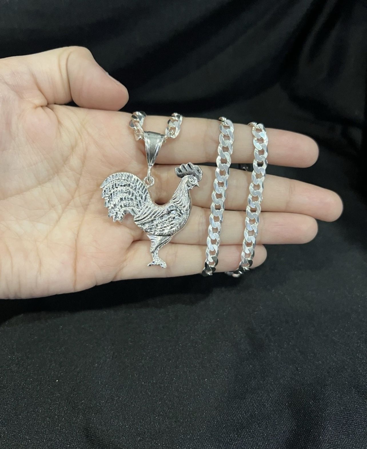 925 Sterling Silver Men Big Rooster Chicken Gallo Medal & Curb Chain