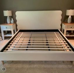 Queen Beige Upholstered Platform Bed Frame with Slats