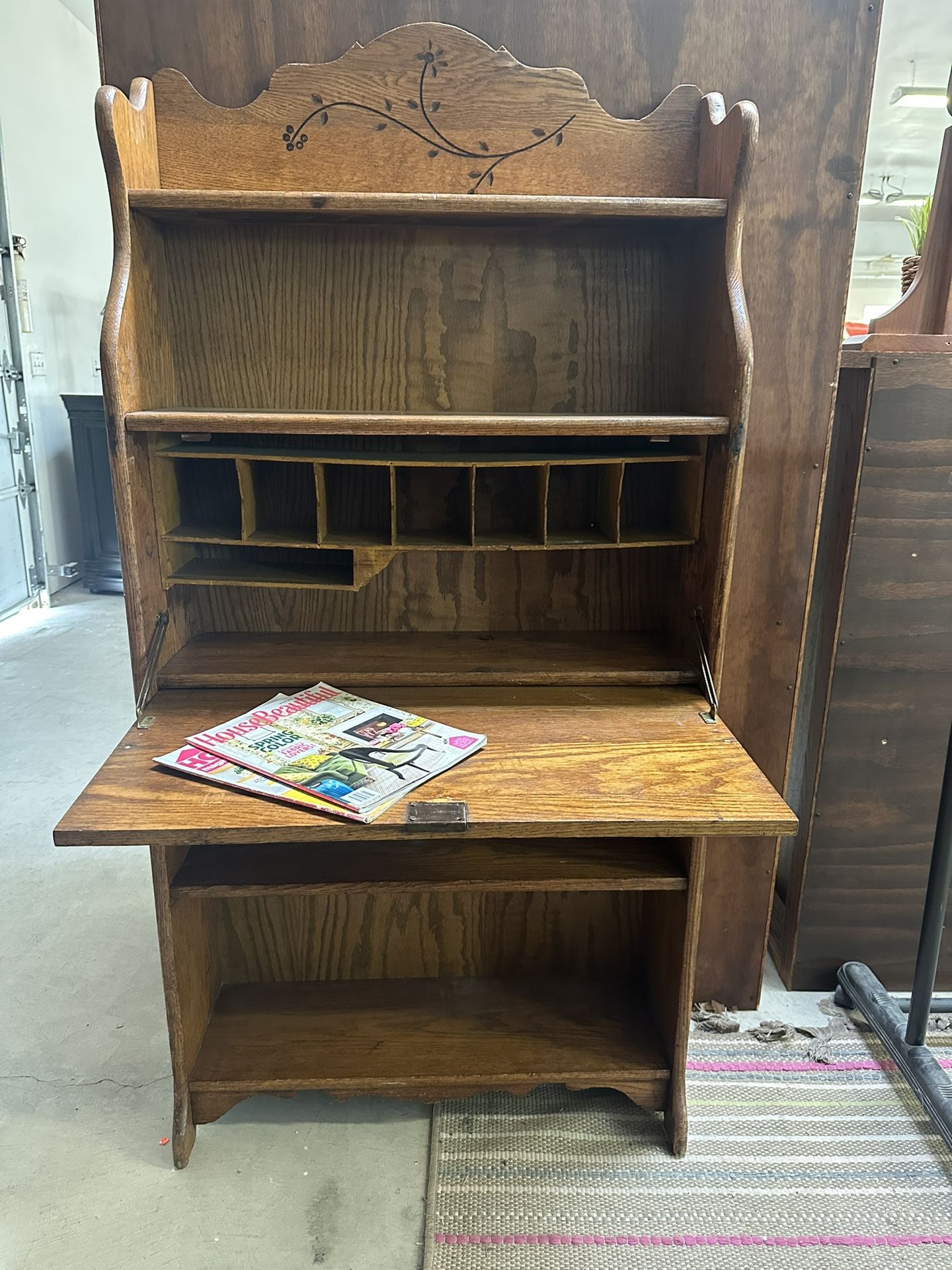 Solid wood drop down secretary desk/bookshelf