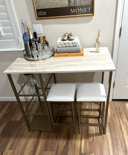 Display For Decor ONLY: Bar Table and Two Chairs (Stools) With Mixer Set