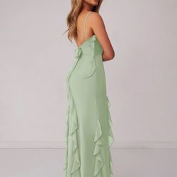 Chiffon Ruffle Column Dress with Leg Slit Dusty Sage 4.1 Barbie™  AZAZIE 