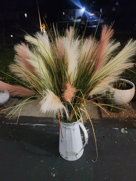 Farmhouse Metal Pitcher w/ Blush & Cream Faux Pampas Arrangement
