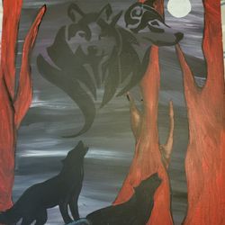 16x20  Wolves In The Woods Painting 