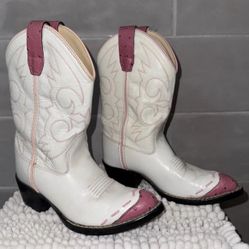 Old West Boots Girls US Size 130(6-7) Pointed Toe Western Cowboy Heels White Pink Leather