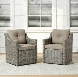 Wicker Patio Dining Chairs with Casters Set of 2, Outdoor Rattan Chairs with Thickened Cushions and Rollers for Backyard, Poolside, Garden or Porch(Br