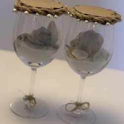 Handmade Beach Decor Wine Glasses with Shells & Sand – Set of 2