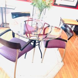 Metal & Beveled Glass Round Dining Table & 4 Chairs .