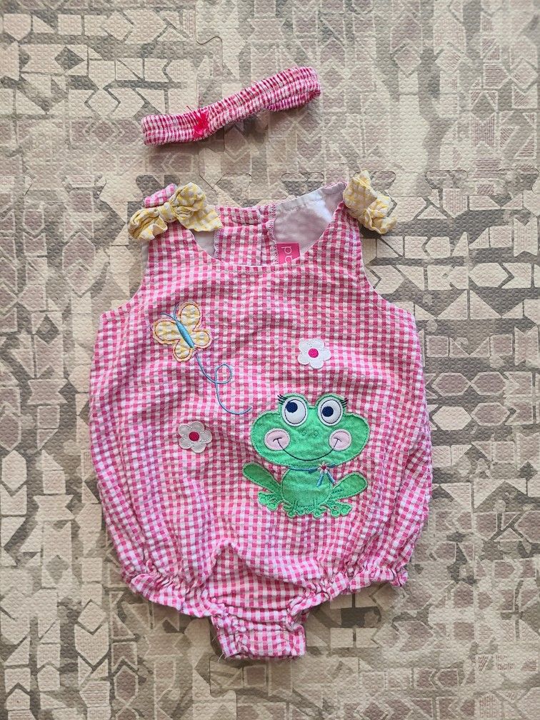 Red Seersucker 2 Piece 12M Girl's Bodysuit and Headband